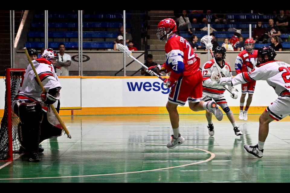 A good start: Kevin Crowley had an eight-point night in the New Westminster Sr. Salmonbellies 2023 season opener at Queen's Park Arena. photo Jennifer Gauthier