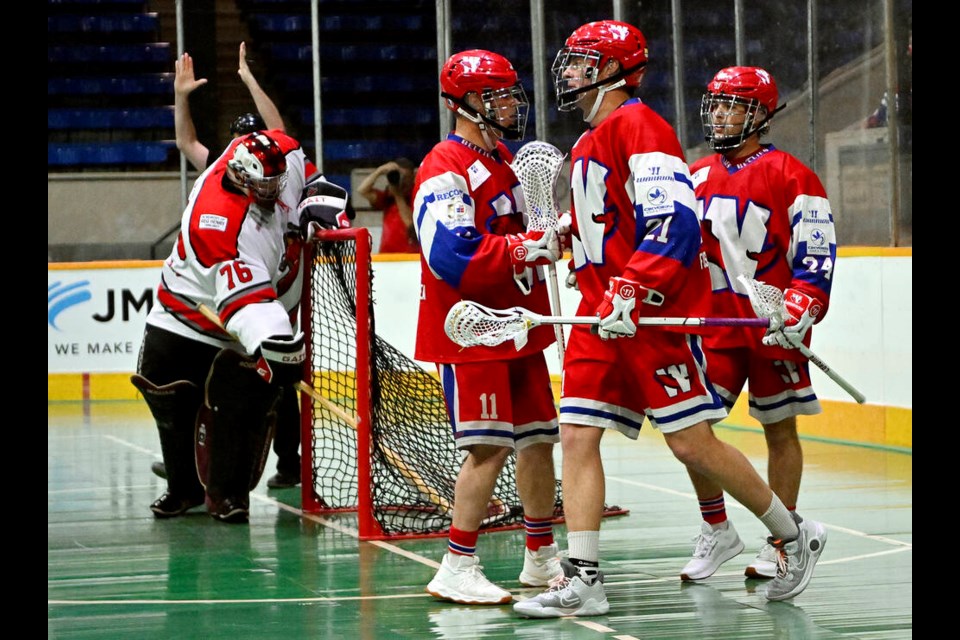 A win: The New Westminster Sr. Salmonbellies beat the Nanaimo Timbermen 15-6 in their May 25 season opener. 
photo Jennifer Gauthier