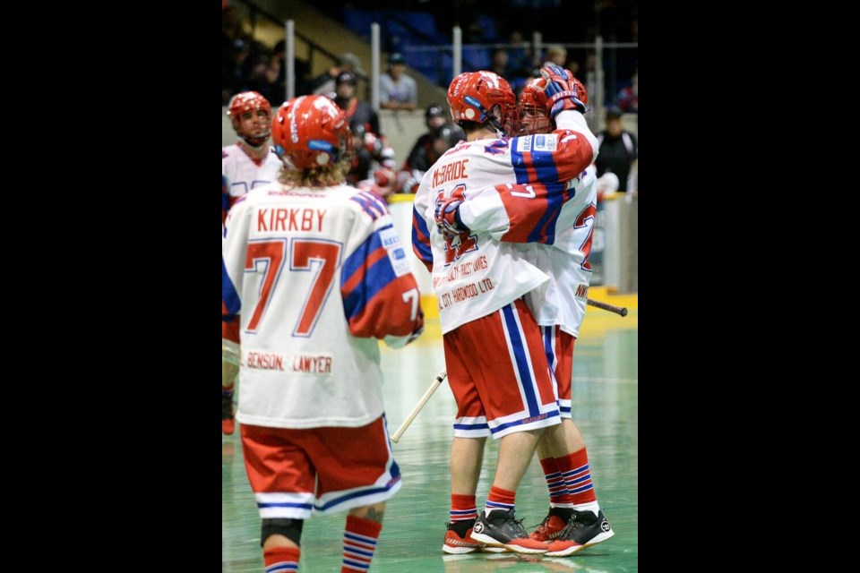 Final year: Veteran Salmonbellie Jordan McBride is playing his final year with the Senior A Salmonbellies - and hopes it's the year the team win its first Mann Cup since 1991. In this Record 2016 photo, he celebrates a goal. 
photo Jennifer Gauthier/The Record