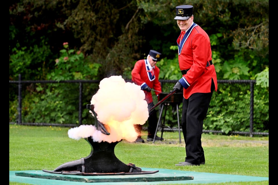It's a blast: Jerry Dobrovolny, captain of the Ancient and Honourable Hyack Anvil Battery, prepares for one of the shots in the Victoria Day 2023 salute in Queen's Park Stadium. photo Jennifer Gauthier