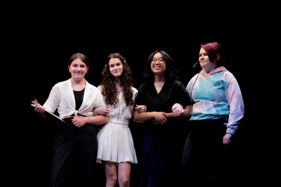 NWSS students (from left to right) Scarlett Nilson, Grade 10 Student Writer/Director, Lynda Machado, Grade 12 performer, Faith Villareal, Grade 12 Performer/Student Vocal Coach and Alix Sabinin, Grade 10 Technical Student prepare for upcoming musical production, Clean Slate on June 1 and 2 at NWSS theatre. Photo NWSS Photography student Alden Jovan Sudjatmiko 