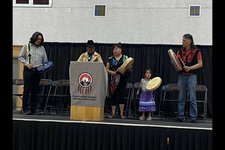 Commemorating a chief: Several drummers took part in a Chief Ahan Memorial in New Westminster on July 18. photo Theresa McManus