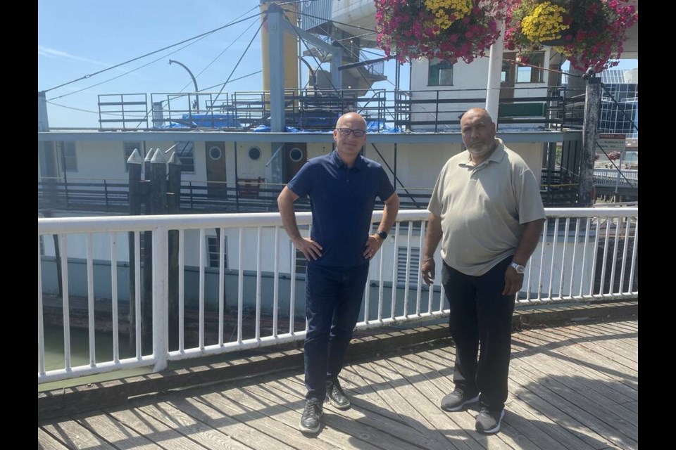 Concerned: New West councillors Daniel Fontaine, left, and Paul Minhas are concerned the Samson V s allowing to deteriorate on the city’s waterfront. photo Theresa McManus 