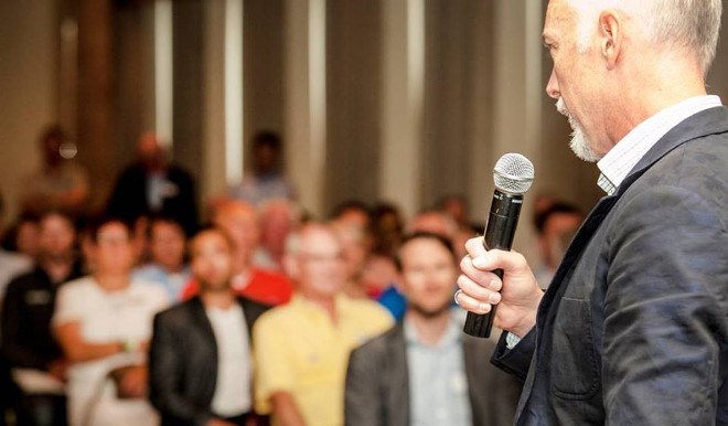 Noront Resources president Alan Coutts delivers the goods on his company's ferrochrome smelter plans to an attentive Thunder Bay audience on July 19. (Noront Twitter)