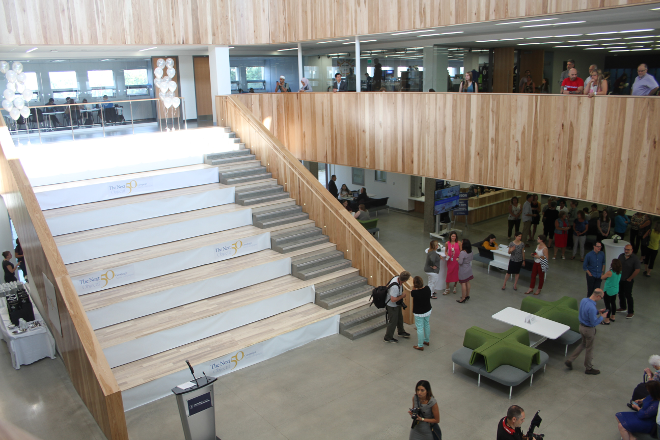 The new Welcome Centre features a three-storey high space with a main staircase, seating areas, study rooms and many student and administration services, making it a main hub for student life, as well as a comfortable gathering spot.