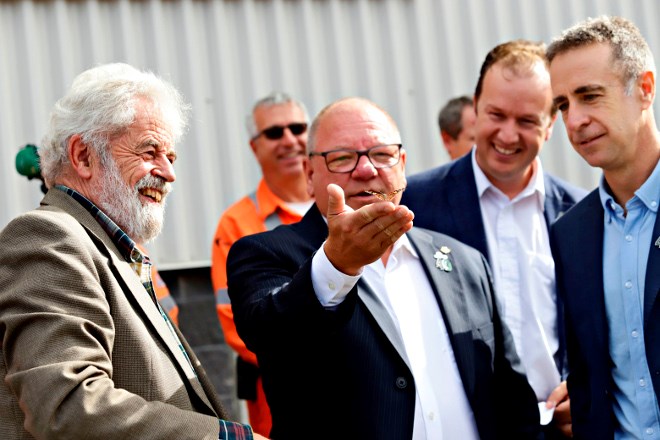 City of Greater Sudbury Mayor Brian Bigger releases a butterfly at Vale’s Clean AER Project Completion celebration on Sept. 14 as Laurentian University professor David Pearson, Sudbury MP Paul Lefebvre and Ricus Grimbeek, chief operating officer for Vale’s Ontario Operations and Asian Refineries look on.