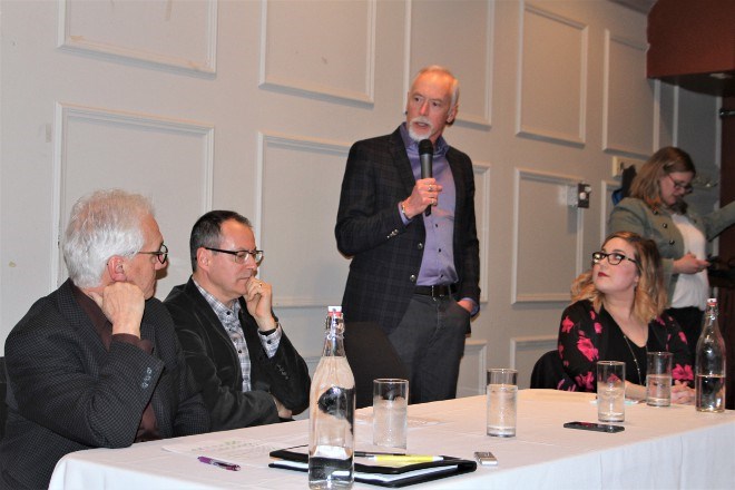 From left, Aime Dimatteo, director general at FedNor, Roy Slack, president of Cementation, and Alan Coutts, president and CEO of Noront Resources, Ltd., participated in a panel discussion at the Mining Science Café at the Tap House Bar and Grill in Sudbury on April 24.