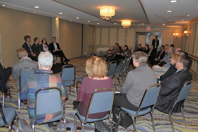 The featured events on Feb. 6 for the conference were sessions on procurement, employment and partnerships, which were repeated during the day so people could attend all three. In the partnerships session, Ian Horne, director, environment and community relations with Greenstone Gold Mines; Michael Fox, president of Indigenous Community Engagement Inc.; and Jolene Recollet, economic development officer for Wahnapitae First Nation. Roy Slack, president of Cementation Canada moderated.