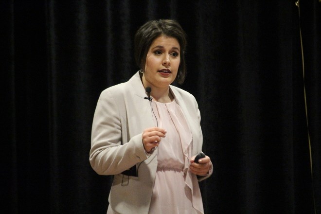 Melissa Kargiannakis perhaps had the loftiest goals on the evening, with her Sault Ste. Marie-based startup, Heuristext. (Photo: Matt Durnan)
