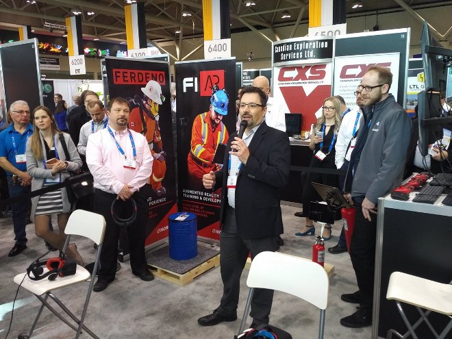 Jason Bubba, NORCAT’s director of training and development, introducing the new technology at PDAC that the Sudbury innovation centre believes will transform mining skills training (Twitter).