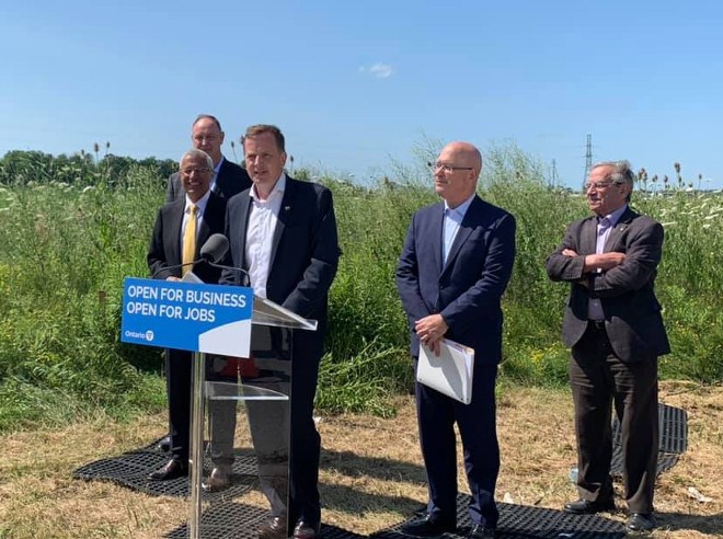 Environment Minister and Elgin-Middlesex-London MPP Jeff Yurek is joined at the podium by his cabinet colleagues John Yakabuski, Victor Fedeli, Steve Clark and Frank Dottori of Element5 in announcing Ontario's first cross-laminated timber plant in St. Thomas.
