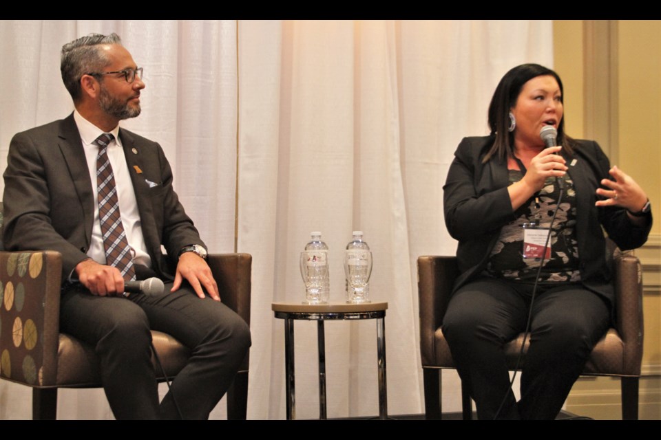 JP Gladu,  president and CEO of the Canadian Council for Aboriginal Business, and Melanie Debassige, executive director at Ontario First Nations Technical Services Corporation, held a fireside chat-style discussion on economic reconciliation on day one of the  Procurement, Employment and Partnership Conference and Tradeshow in Sudbury. (Karen McKinley photo)