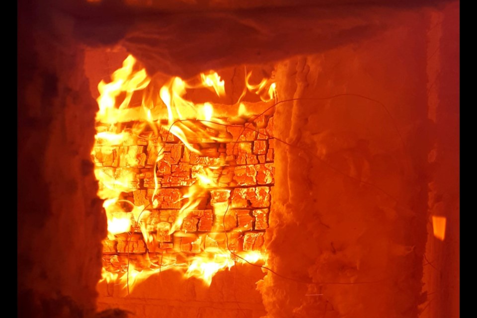 The mass timber connection being fire-tested at Lakehead's lab. (Supplied)