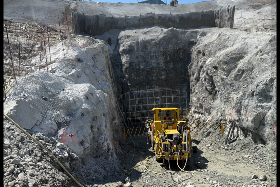 A jumbo, a rock drilling machine used to create blast holes for breaking rock, begins work on the portal of the new Stock Mine at McEwen Mining's Fox Complex (Company Facebook photo)