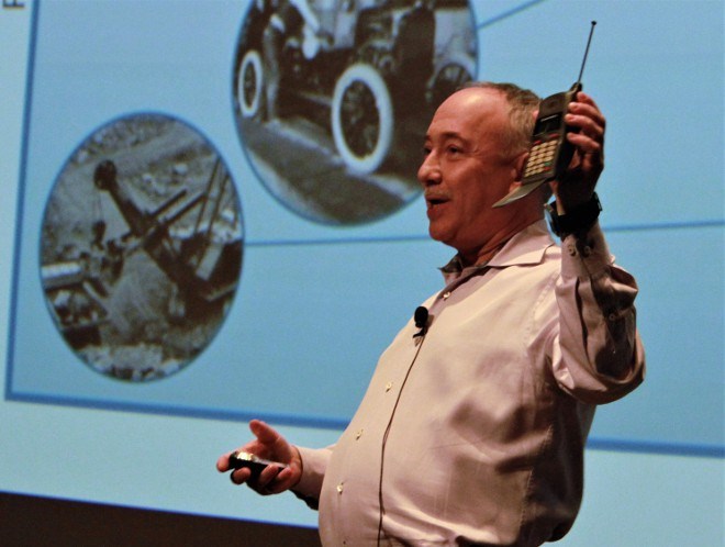 Nathan Stubina, managing director of McEwen Mining, gave an interactive presentation on the challenges of mining innovation at the Sudbury Branch of the Canadian Institute of Mining's Student Night on Oct. 18. He used his first cellphone to show improving on previous models does not equal innovation. 
