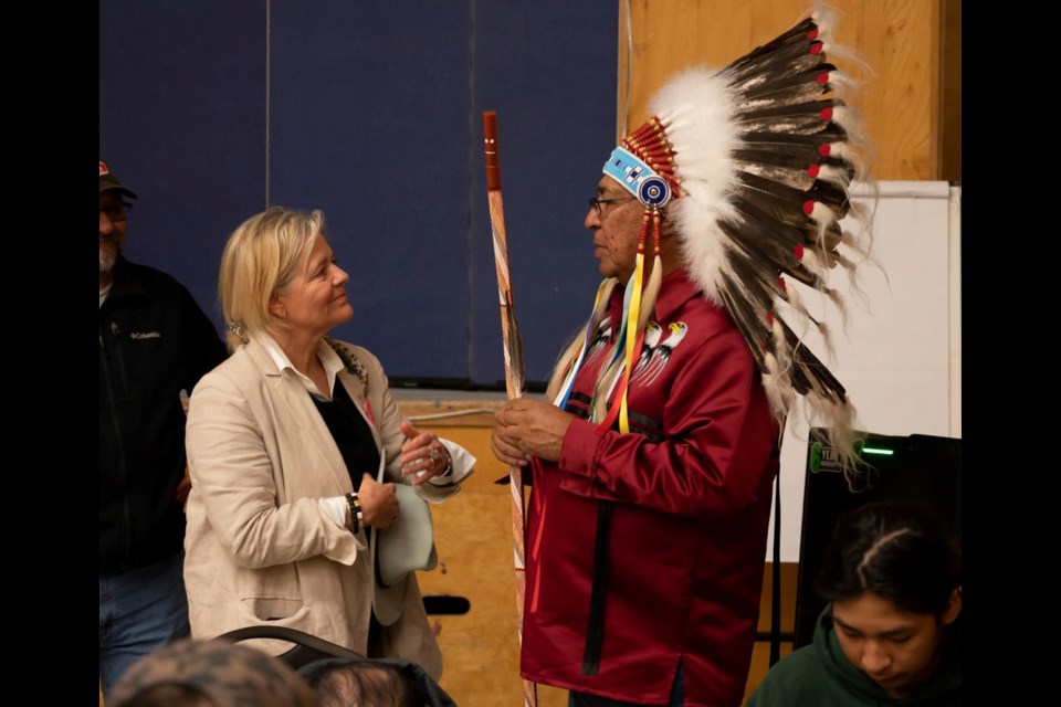 Nicola Forrest and Webequie Chief Cornelius Wabasse at a community gathering (Ring of Fire Metals photo)