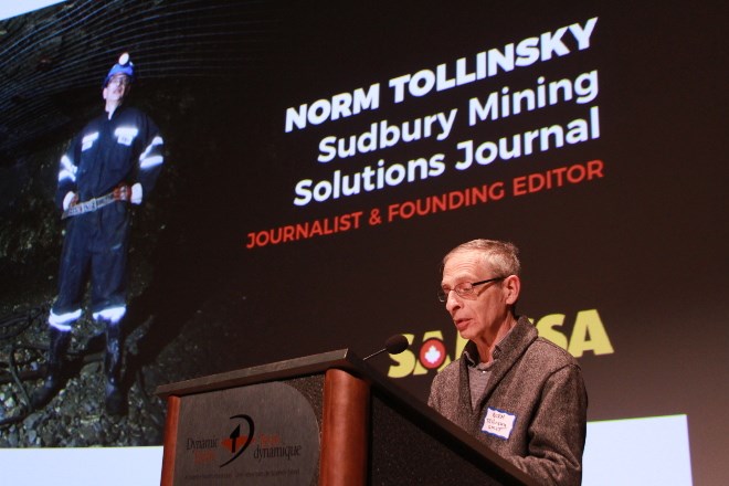 Norm Tollinsky, longtime journalist and editor of Sudbury Mining Solutions Journal, gives his acceptance speech after being inducted into the Mining Hall of Fame. He is the first journalist to be inducted into the hall of fame.