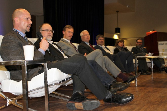 From left, Greg Sandblom, operations and business technology, Sudbury Integrated Nickel, Sean McCarthy, superintendent, engineering, Barrick Gold Corp., Patrick Marshall, manager, automation projects, Barrick Gold Corp., Kevin McAuley, sustainable development and innovation, Glencore, Rick Howes, president and CEO of Dundee Precious Metals, Samantha Espley and Samantha Espley, general manager, Mining and Mineral Processing Technical Excellence Centre, Vale, came together at the end of the conference for a panel discussion to field questions from the audience and social media.
