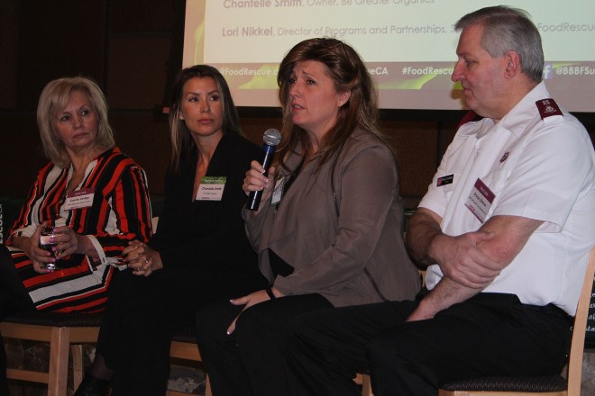 From left, Carole Dodge, executive director of Better Beginnings Better Futures, Chantal Smith, owner of Be Greater Organics, Lori Nikkel, executive director, Foodrescue.ca, and Major Bruce Shirran,  executive director of the Salvation Army New Life Centre, were on the panel discussion talking about the challenges and bonuses of collecting food donations and redistributing them to people in need.