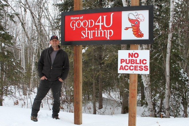 Kerry LeBreton, partner of Good4Ushrimp Inc., at the front entrance to the Pacific white shrimp farm in Estaire. He says they expect to be open for business by this summer or early fall.