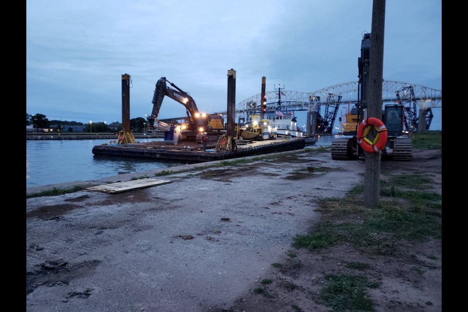 Trade West Construction of Nevada is dredging the western approach to the new lock at Sault Ste. Marie, Mich.(U.S. Army Corps of Engineers photo)