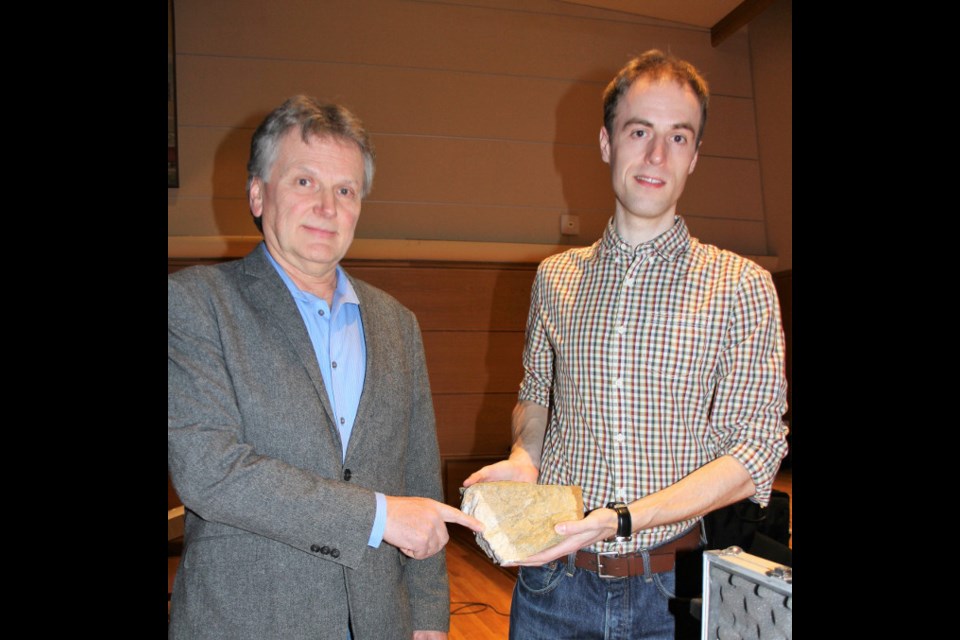 Tom Morris, president-CEO of Northern Superior Resources, and  Jon O'Callaghan, junior geologist, brought core and deposit samples showing gold from their Croteau Est property exploration in northern Quebec. 