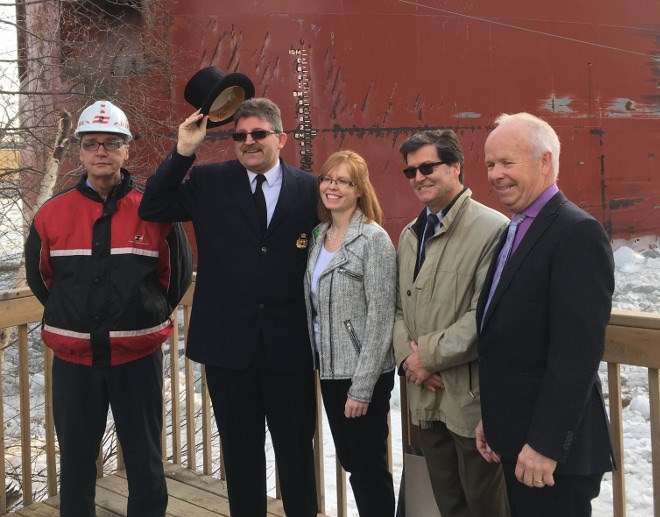 CSL Welland Chief Engineer Jean-Louis Girard and Captain Wilson Walters were welcomed as the first vessel into Thunder Bay harbour this spring by local chamber president Charla Robinson, city councillor Frank Pullia and port authority CEO Tim Heney on March 28. (Port Authority photo)