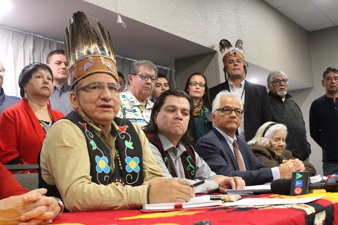 Batchewana First Nation Chief Dean Sayers speaks at a media conference held by the First Nations in the Robinson Huron Treaty to provide reaction to a December 2018 ruling that the provincial and federal governments are obligated to increase treaty annunities. Wiikwemkoong Chief Duke Peltier and lawyer Dave Nahwegahbow look on. 