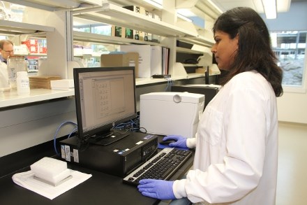 Twinkle Masilamani, research scientist, goes over files of collected data.