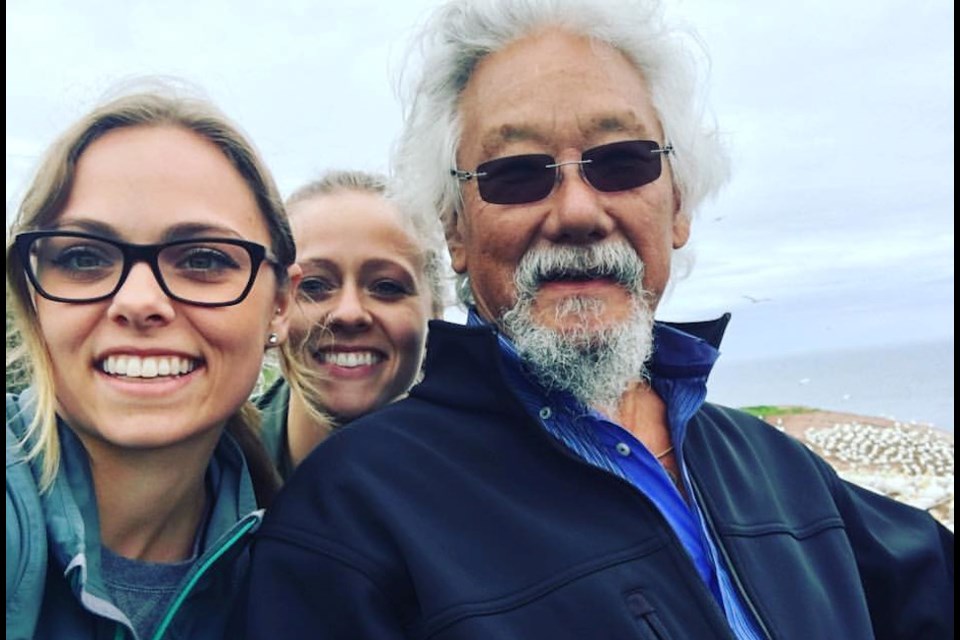 Hailey and Bree Hollinsworth
bird watching with David Suzuki in Gaspe Quebec during the “Be Inspired” conference, where
they were all speakers in Gaspe, Quebec, in 2017.
