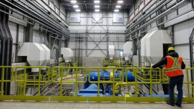 The interior of the completed powerhouse at the Peter Sutherland Sr. generating station. Coral Rapids Power photo                     