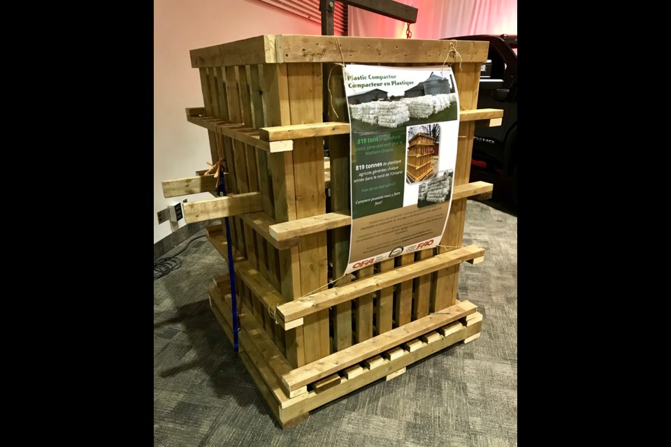 A wooden compactor created by U-Pac Agri Service is being distributed to Northern Ontario farmers as part of a pilot project to dispose of used haylage plastic. (NOFIA photo)