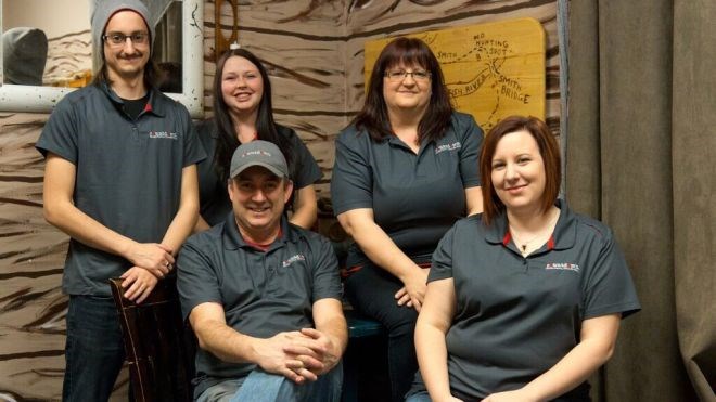 Staff at Countdown Escape Rooms Thunder Bay includes (clockwise from left) builder and gamemaster Matthew Audet, weekend manager Tessa Lanteigne, owner Marcy Audet, daytime manager Cassandra Kajda, and owner Mario Audet. (Photo supplied)