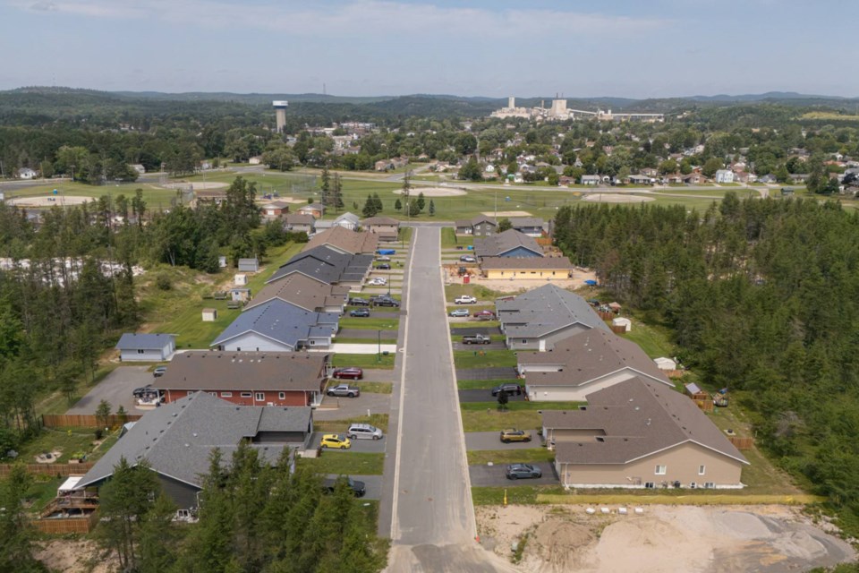 The Town of Espanola is building up its housing stock, including at the Yusko Crescent Seniors Subdivision, being built by Olivadel Developments. The now-shuttered pulp and paper mill is seeing on the horizon.
