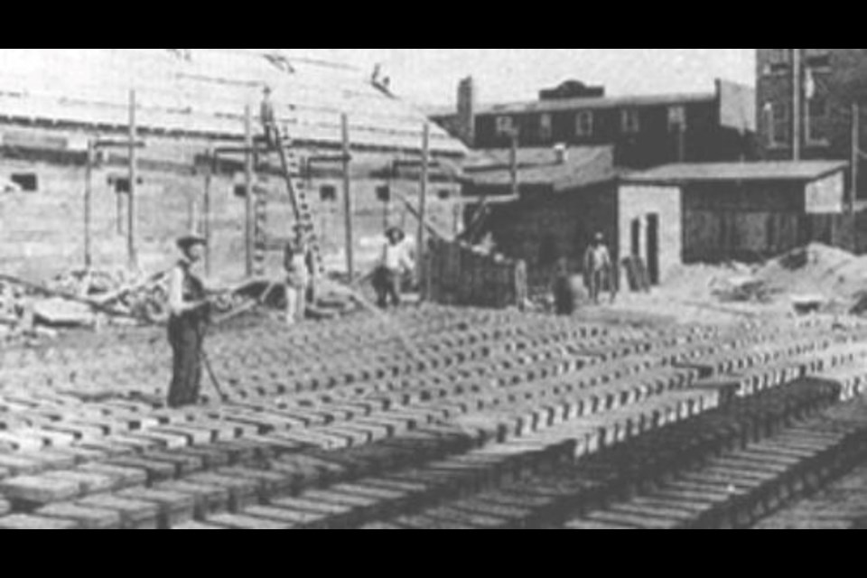 Concrete blocks cure in the brickyard at Brown's Concrete in Sudbury in this 1910 photo.