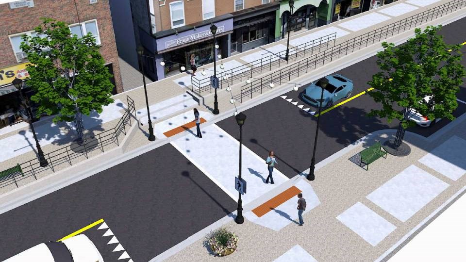 A rendering depicts pedestrian crossing with festoon lighting as part of the revitalization of Main Street in downtown North Bay.