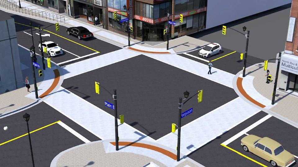 A rendering depicts the intersection of Main Street and Ferguson Streets in downtown North Bay.
