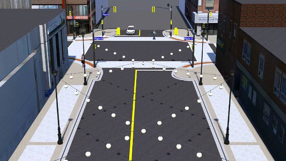 Festoon lighting on Ferguson Street is pictured in downtown North Bay as part of a project to revitalize Main Street in downtown North Bay.