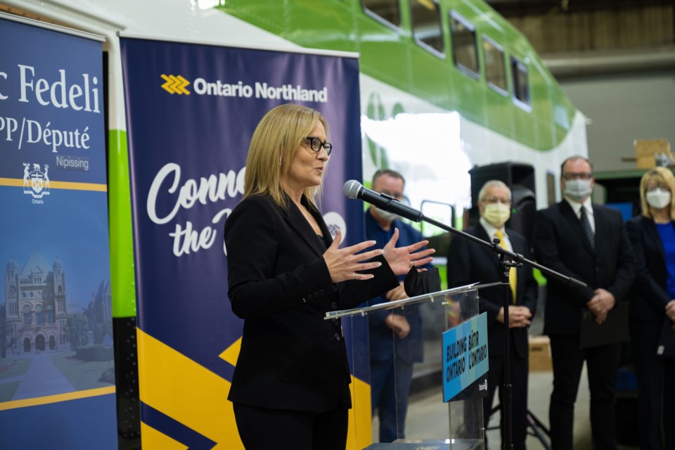 Corina Moore, president and CEO of Ontario Northland Transportation Commission, speaks during an April 9 announcement of a $109-million refurbishment contract for the organization's North Bay remanufacturing and repair shop.