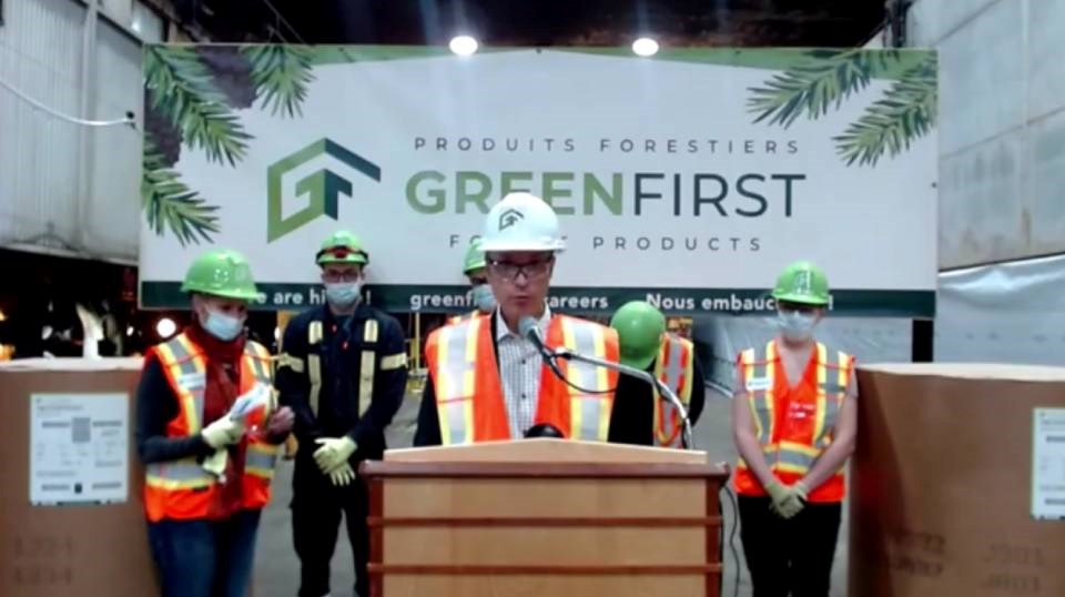 Michel Lessard, president at GreenFirst Forest Products, speaks during an April 1 news conference in Kapuskasing.