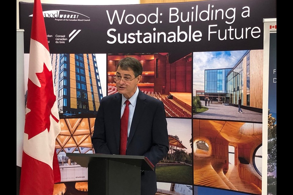 Anthony Rota announced $1.2 million in federal funding for the Canadian Wood Council in North Bay on May 10. (Twitter photo)