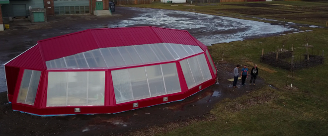 ASM Innovations’ first greenhouse, built in conjunction with the non-profit group Roots to Harvest, worked an old shipping container into its design. The greenhouse awaits some finishing touches, but is producing fresh produce in Thunder Bay. (ASM Innovations photo)