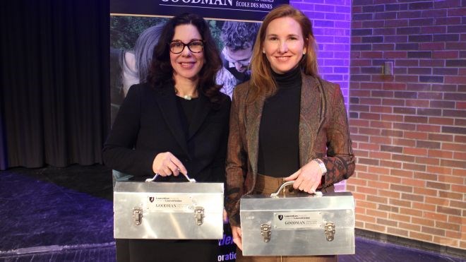 Mine developers Eira Thomas (right) and Catherine McLeod-Seltzer spun stories during a fireside chat at Laurentian University’s Goodman School of Mines in Sudbury, Jan. 10.