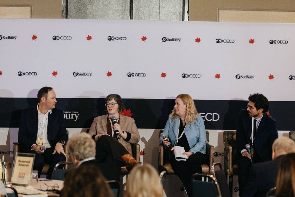 From left are Daniel Scott, mayor of the City of Karratha, in Pilbara, Western Australia; Meredith Armstrong, director of economic development for the City of Greater Sudbury; Päivi Ekdahl, deputy governor of Lapland, Finland; and Andres Sanabria, coordinator of OECD Mining Regions and Cities Initiative.