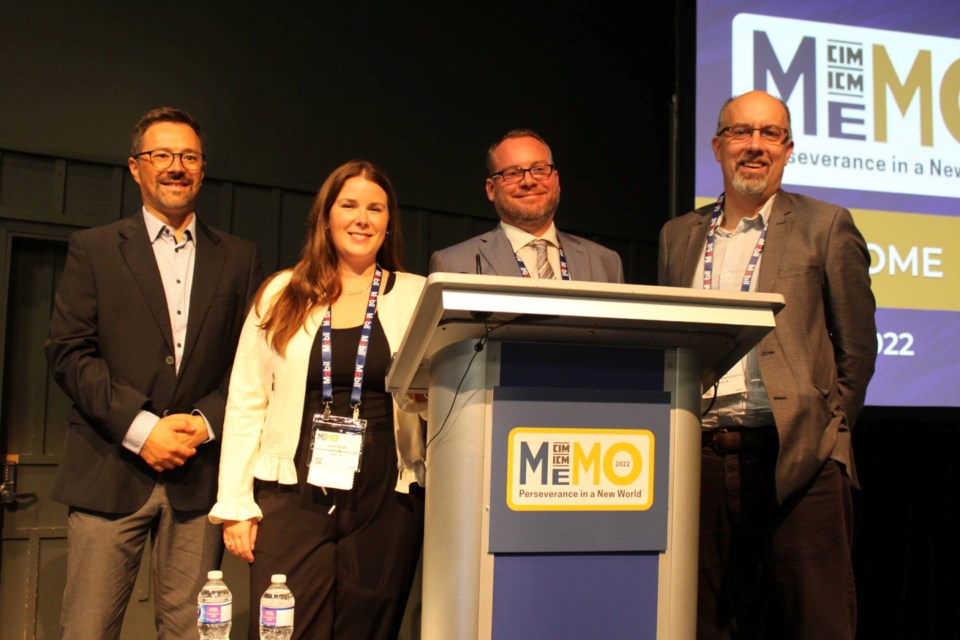 Researcher Emily Tetzlaff (second from left) presented her findings on wearable devices in preventing fatigue in haul truck drivers during the 2022 MEMO Conference in Sudbury on Sept. 19. Joining her as part of a panel were (from left) Jason Bubba, chief operating officer at NORCAT; J.C. Doyle, inclusion and diversity specialist with the Ontario Diversity Employment Network; and Eric Maag, moderator and president at Northern Prosperity Business Partners.