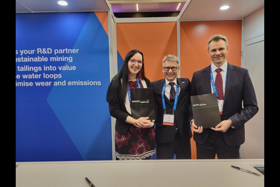 From left are Dr. Nadia Mykytczuk, the interim CEO at MIRARCO; Roy Eriksson, the Finnish ambassador to Canada; and Jarmo Ropponen, the vice-president of industrial chemistry at VTT. MIRARCO and VTT signed a memorandum of understanding during the 2023 PDAC conference in Toronto.
