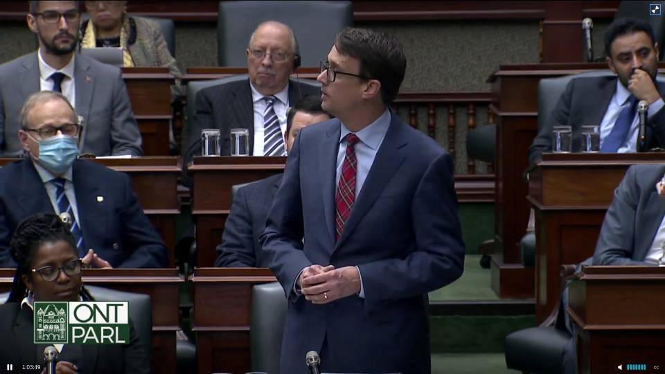 Labour Minister Monte McNaughton addresses miners and family members in the Ontario Legislature gallery as he delivers an apology for the province's role the use of McIntyre Powder at mines over four decades.