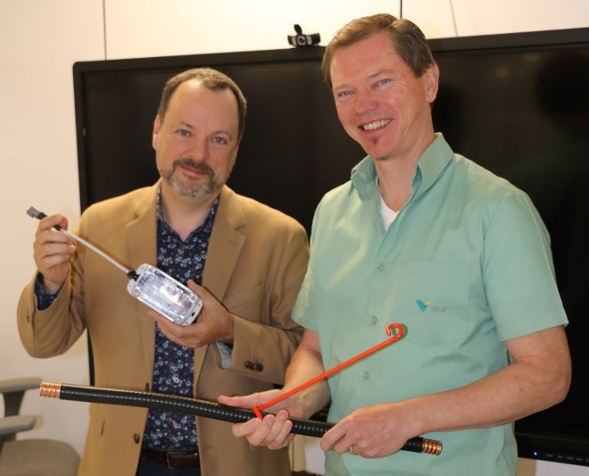 Vale is in the process of installing the world's largest LTE network in its underground mines in Sudbury and Manitoba. LTE transformation team members Chris Bertrand (left) and Richard Diesinger recently showcased some of the specialized electronics and antenna cable that will allow for improved communications between surface and underground operations. (Len Gillis photo)