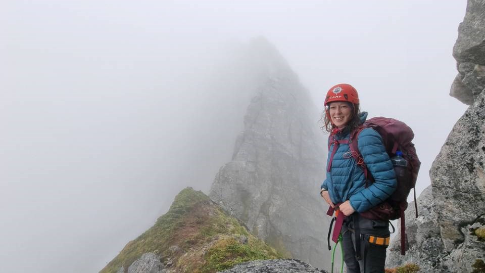 Sam Plavins climbing rocky peaks on the Lofoten Islands, Norway