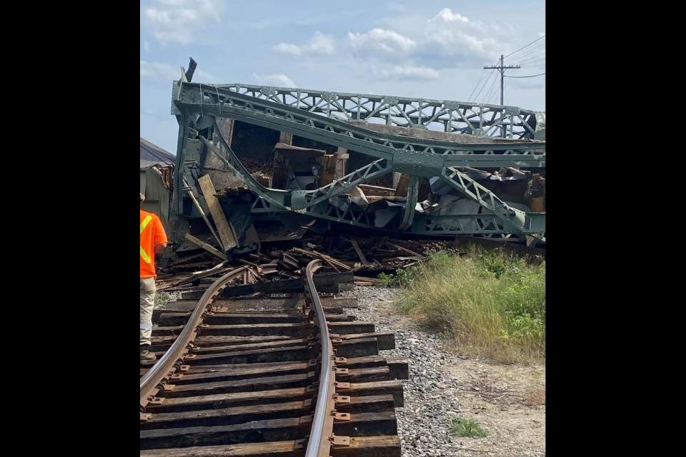 The Five-Mile Bridge, also known as the Rainy River Rail Lift Bridge, collapsed on Aug. 14, 2024. (Rainy Lake Property Owners Assn/Facebook)